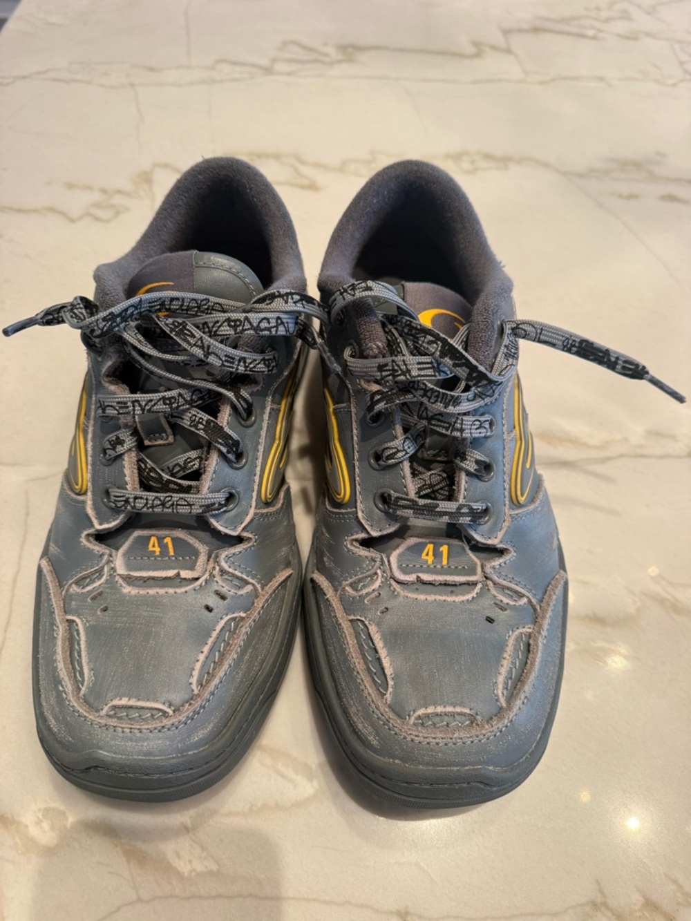 Balenciaga Men’s Hamptons Worn-In Sneakers in Grey/Yellow FR/EUR - US 8